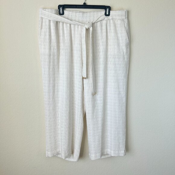 New Calvin Klein Pants Womens 1X Plus White Gold Stripe Seersucker Crop Wide Leg - Picture 1 of 6